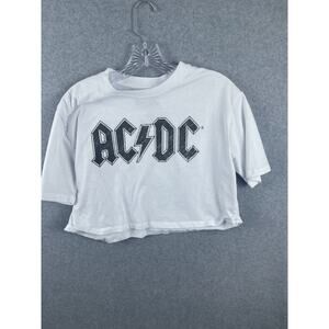 AC DC Cropped Shirt Womens S White Short Sleeve‎ Tee Rock Metal Band Concert